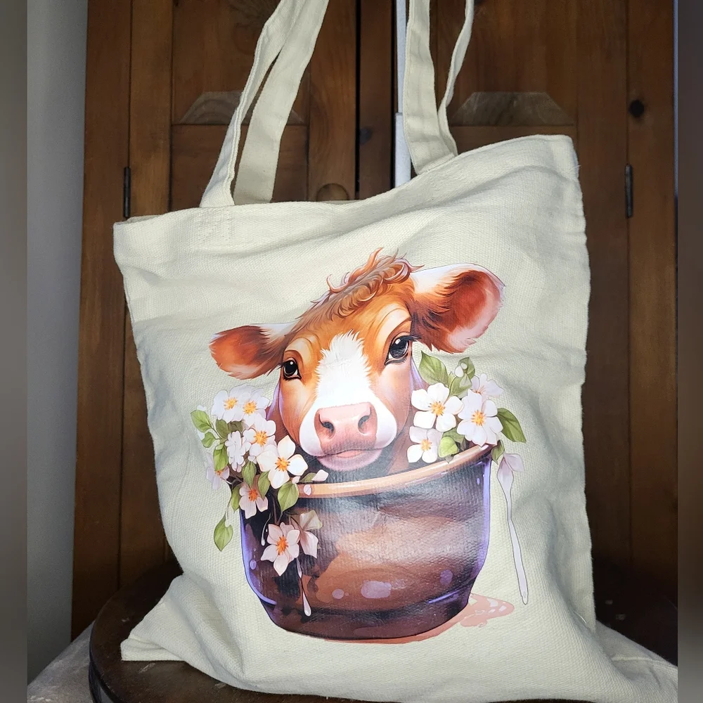 Canvas Tote Bag with Cow and Floral Design - Picture 1 of 13